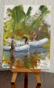 \'Setting Up The Raft\' 2.5x3.5 Oil On Linen